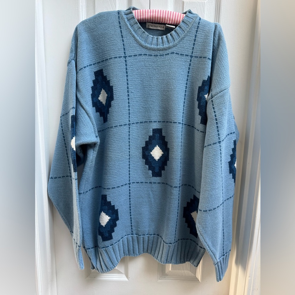 Claiborne Sweater Men's Large Multicolor Vintage Crew Neck Knit Pullover Retro